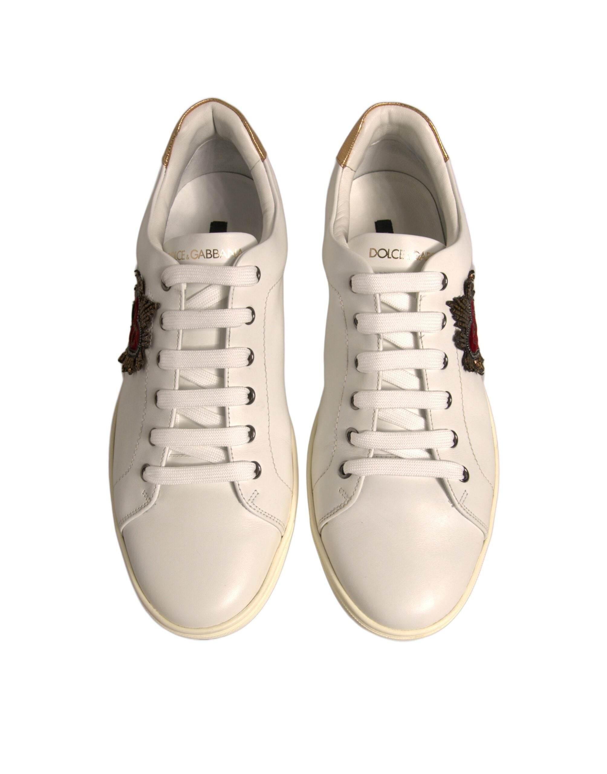 Dolce & Gabbana White Leather Heart Embellished Sneakers Shoes - Hilstor