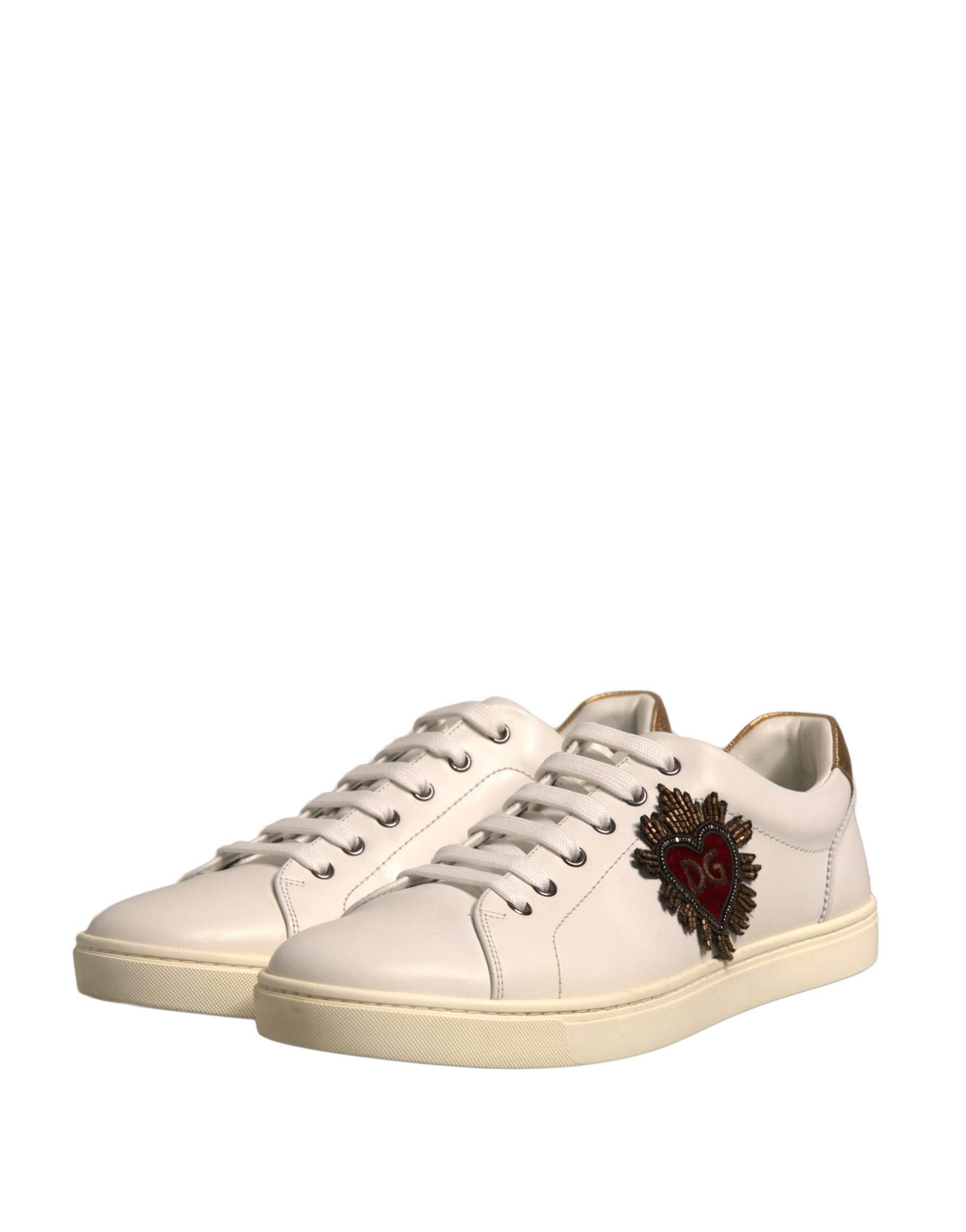 Dolce & Gabbana White Leather Heart Embellished Sneakers Shoes - Hilstor
