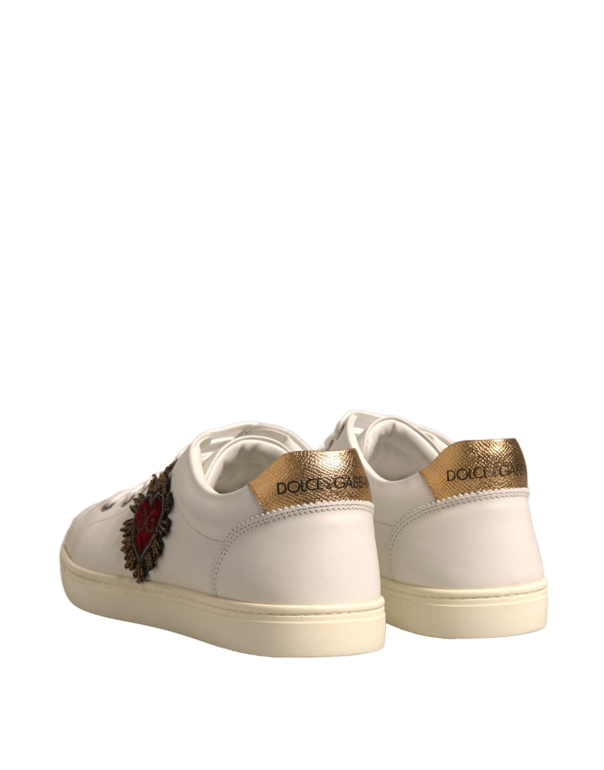 Dolce & Gabbana White Leather Heart Embellished Sneakers Shoes - Hilstor