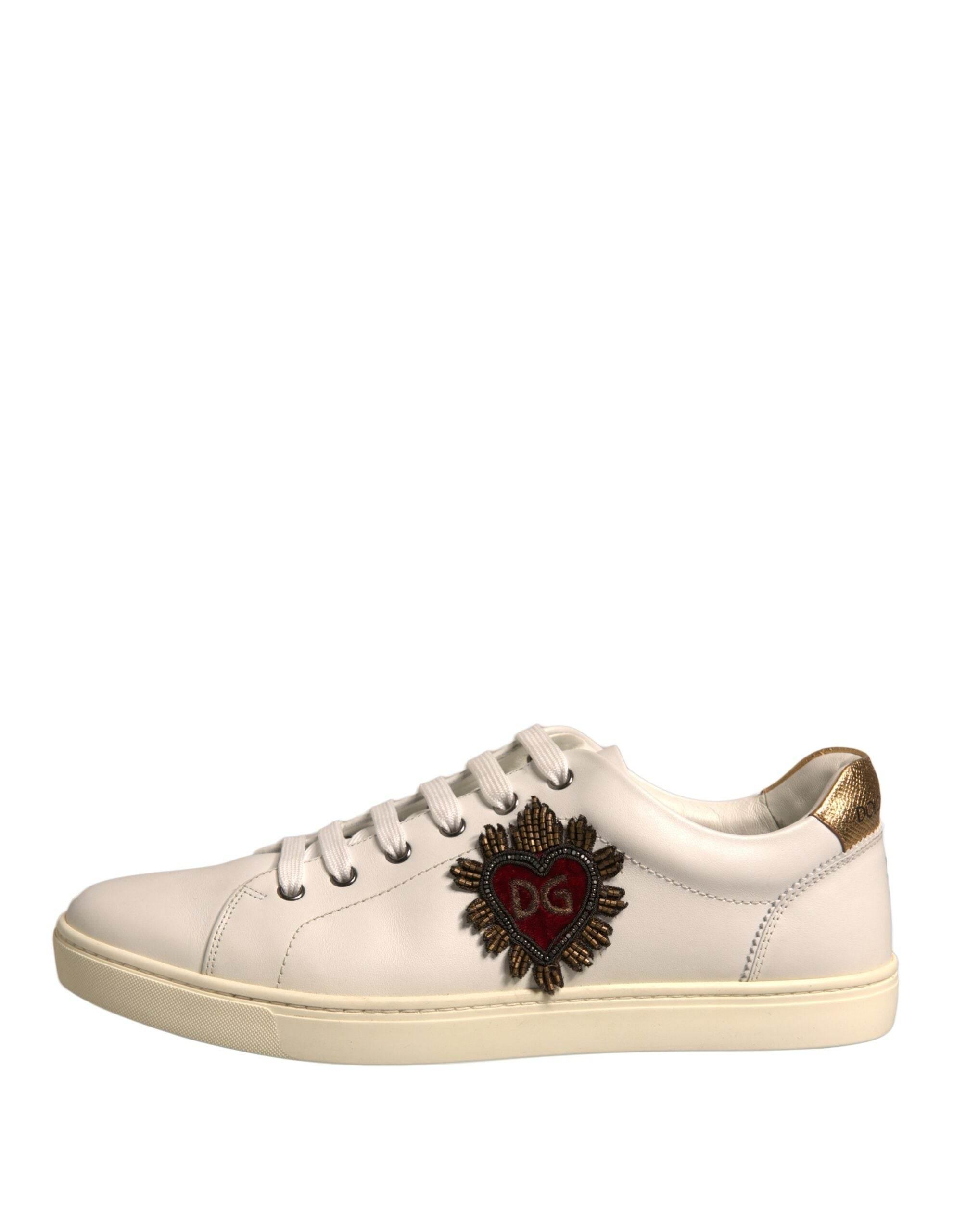 Dolce & Gabbana White Leather Heart Embellished Sneakers Shoes - Hilstor