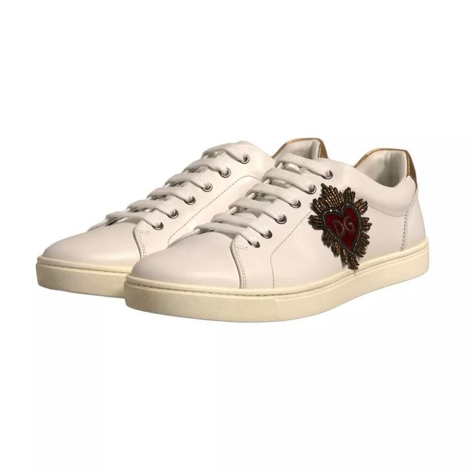 Dolce & Gabbana White Leather Heart Embellished Sneakers Shoes - Hilstor