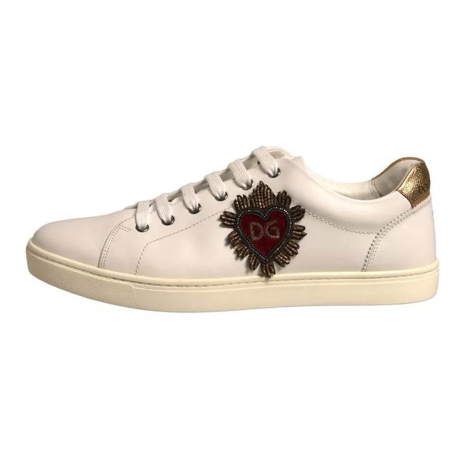 Dolce & Gabbana White Leather Heart Embellished Sneakers Shoes - Hilstor