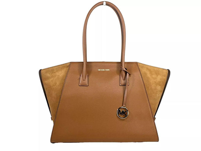 Michael Kors Avril XL Suede Leather Top Zip Satchel Bag Luggage Brown - Hilstor