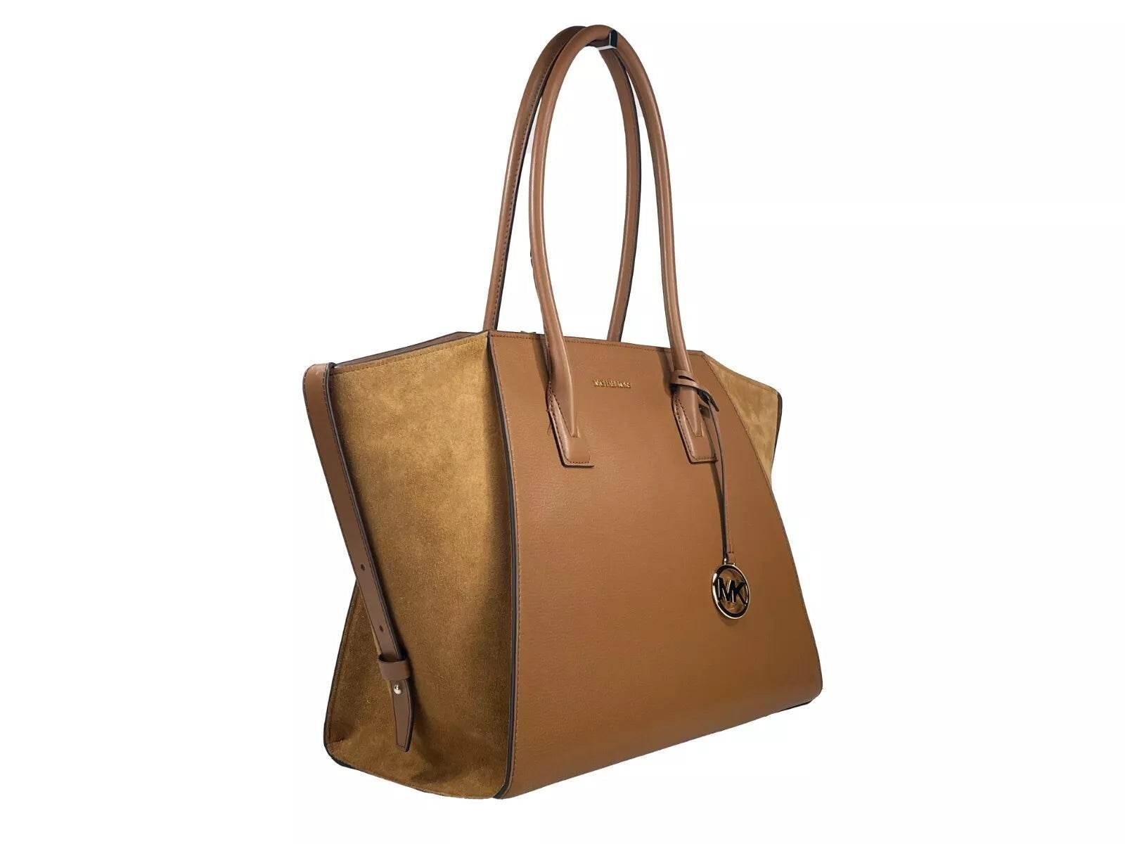 Michael Kors Avril XL Suede Leather Top Zip Satchel Bag Luggage Brown - Hilstor