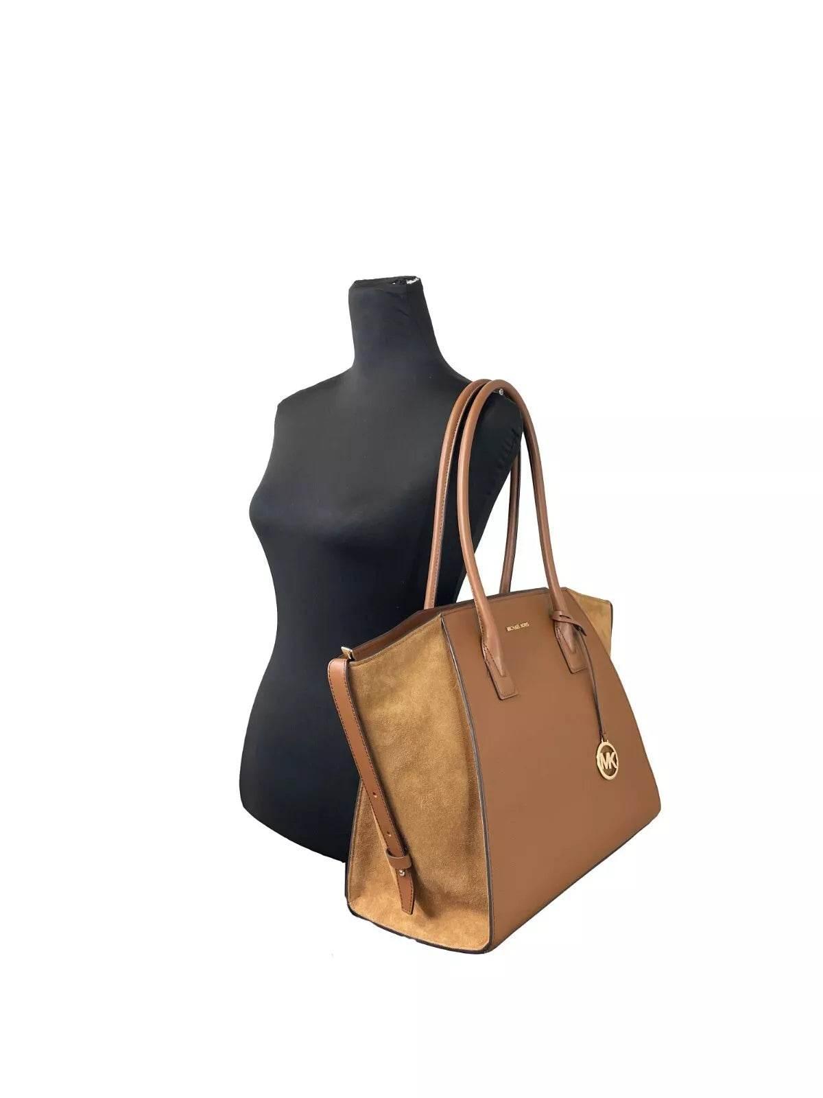 Michael Kors Avril XL Suede Leather Top Zip Satchel Bag Luggage Brown - Hilstor