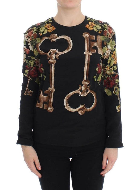 Dolce & Gabbana Black Key Floral Print Silk Blouse Top - Hilstor