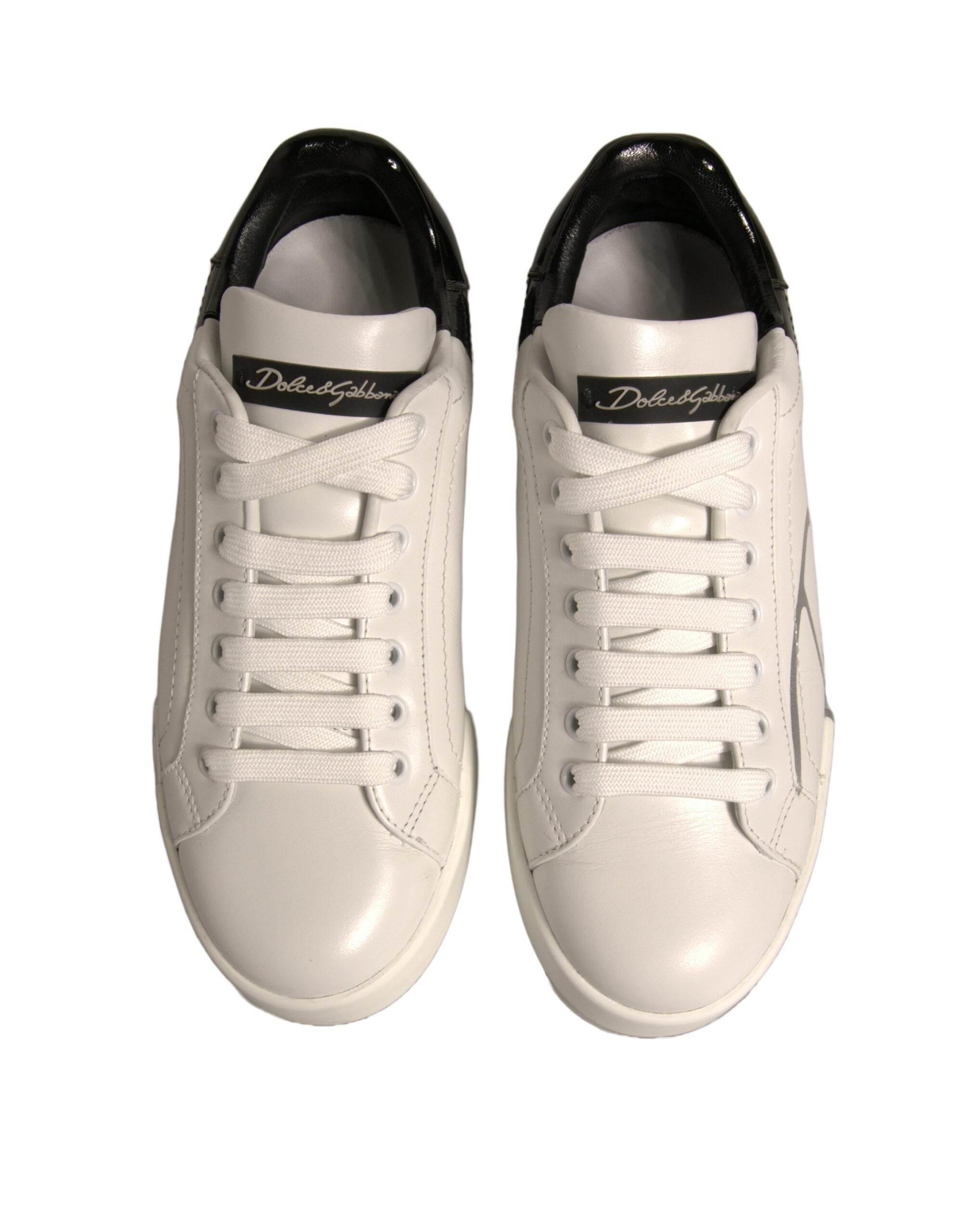 Dolce & Gabbana White Black Logo Portofino Sneakers Shoes - Hilstor