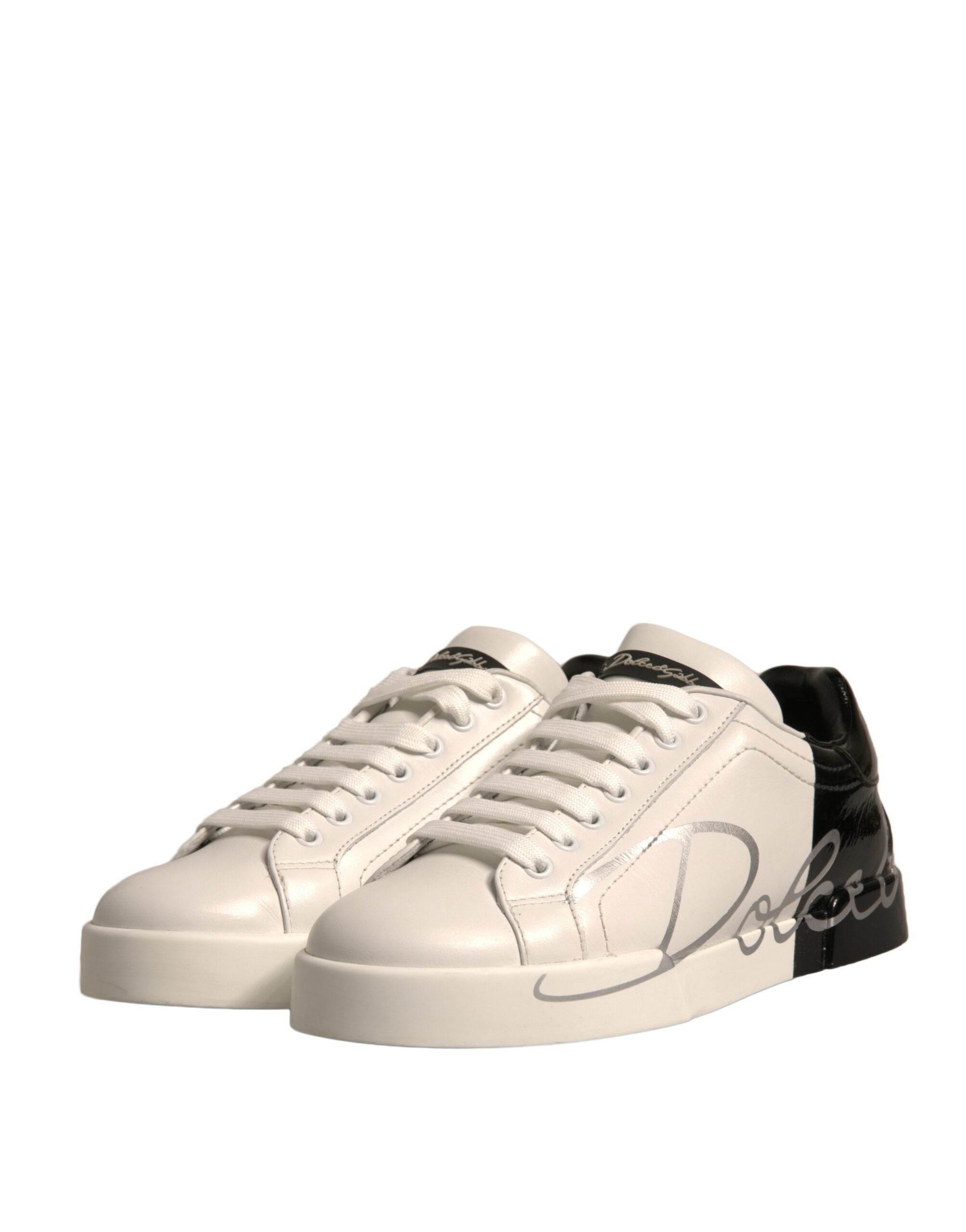 Dolce & Gabbana White Black Logo Portofino Sneakers Shoes - Hilstor