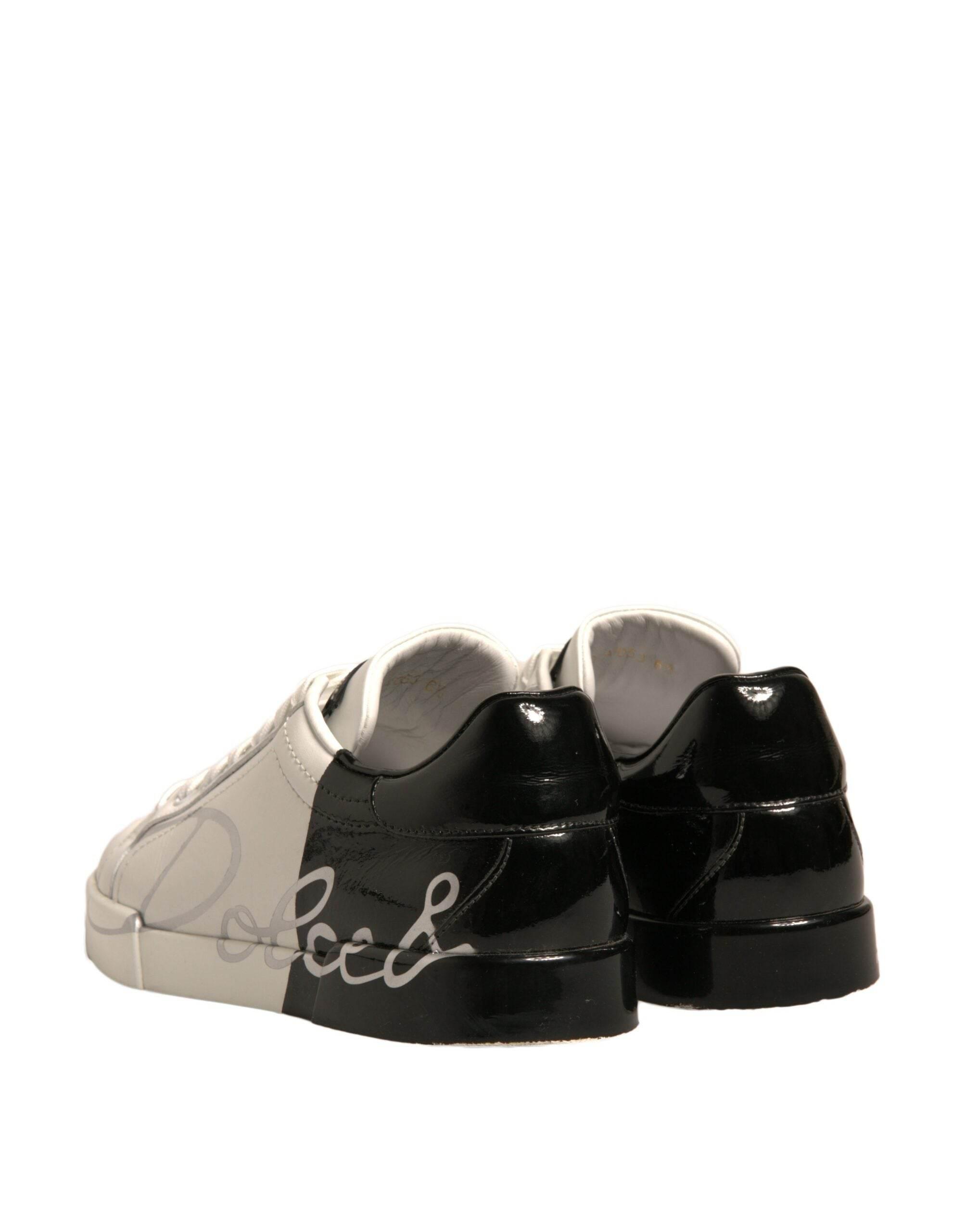 Dolce & Gabbana White Black Logo Portofino Sneakers Shoes - Hilstor