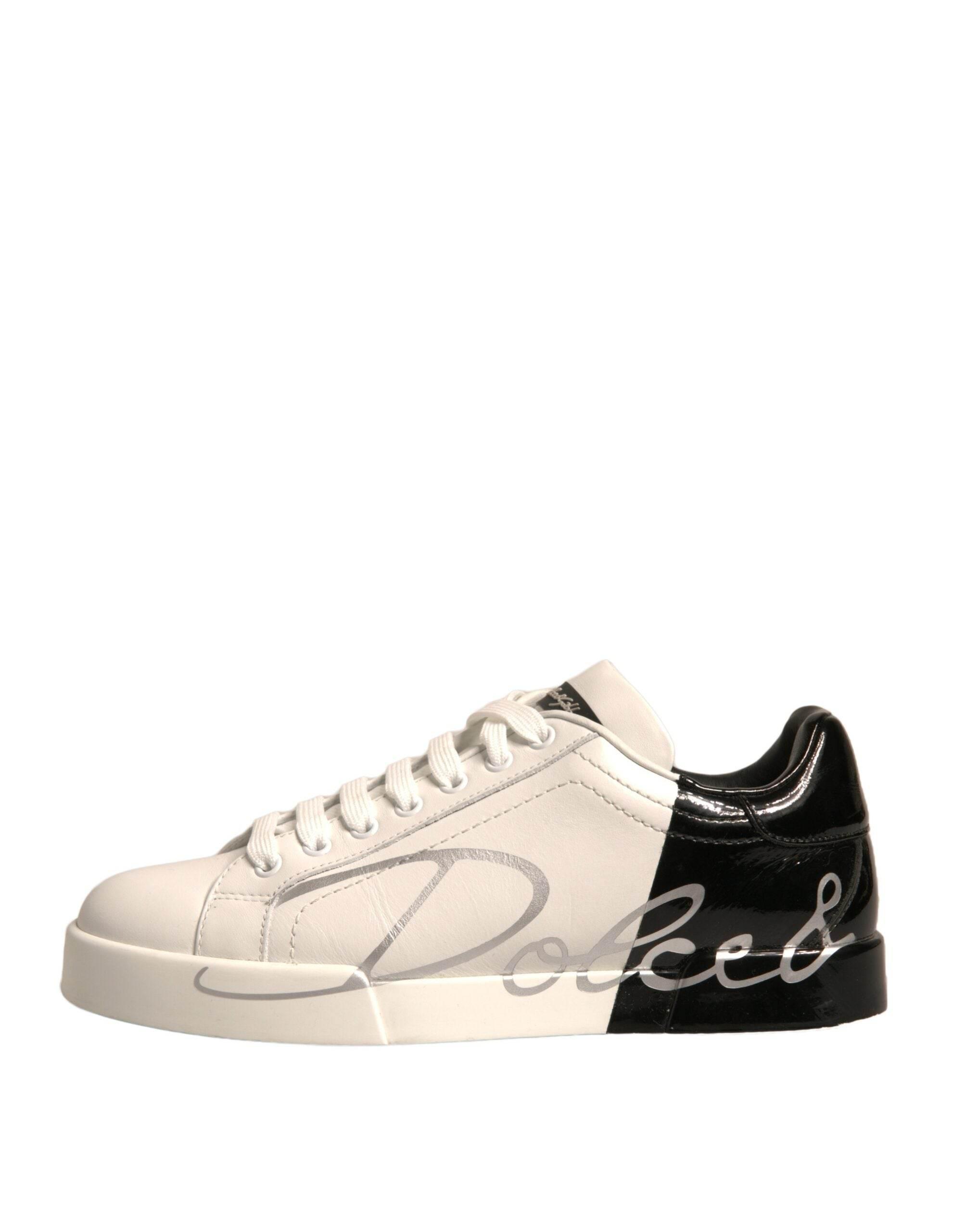 Dolce & Gabbana White Black Logo Portofino Sneakers Shoes - Hilstor