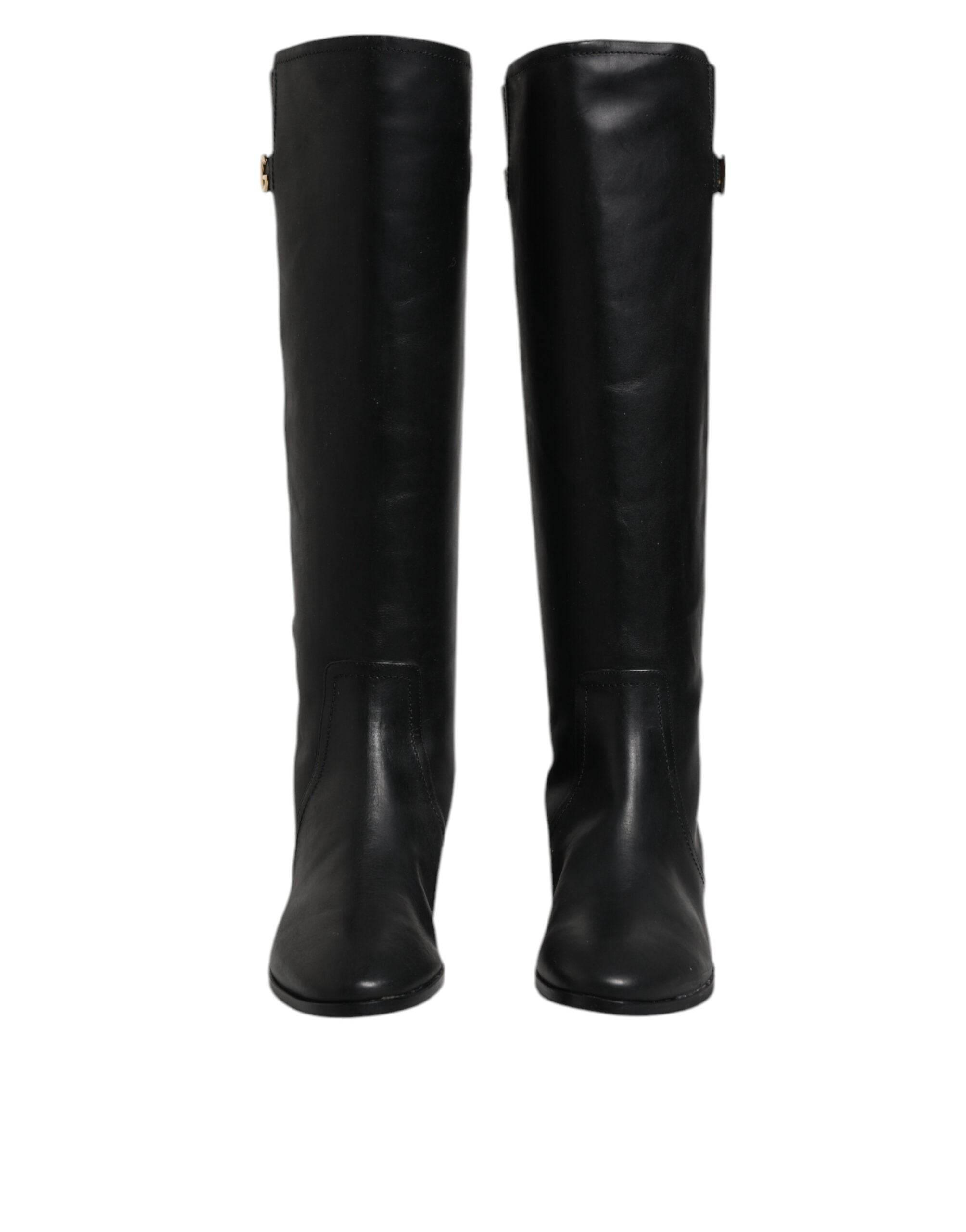 Dolce & Gabbana Black DG Logo Calf Leather High Boots Shoes - Hilstor