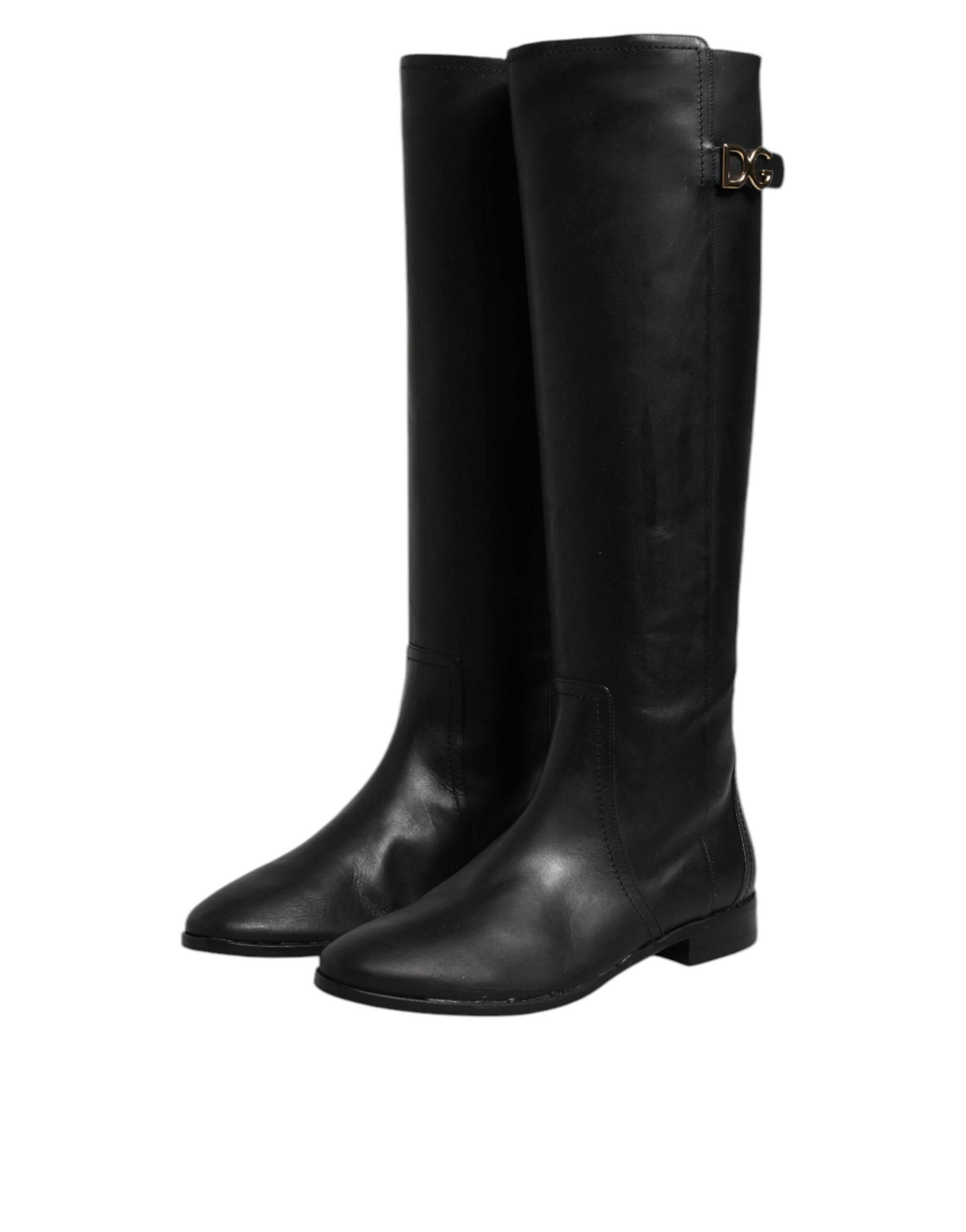 Dolce & Gabbana Black DG Logo Calf Leather High Boots Shoes - Hilstor