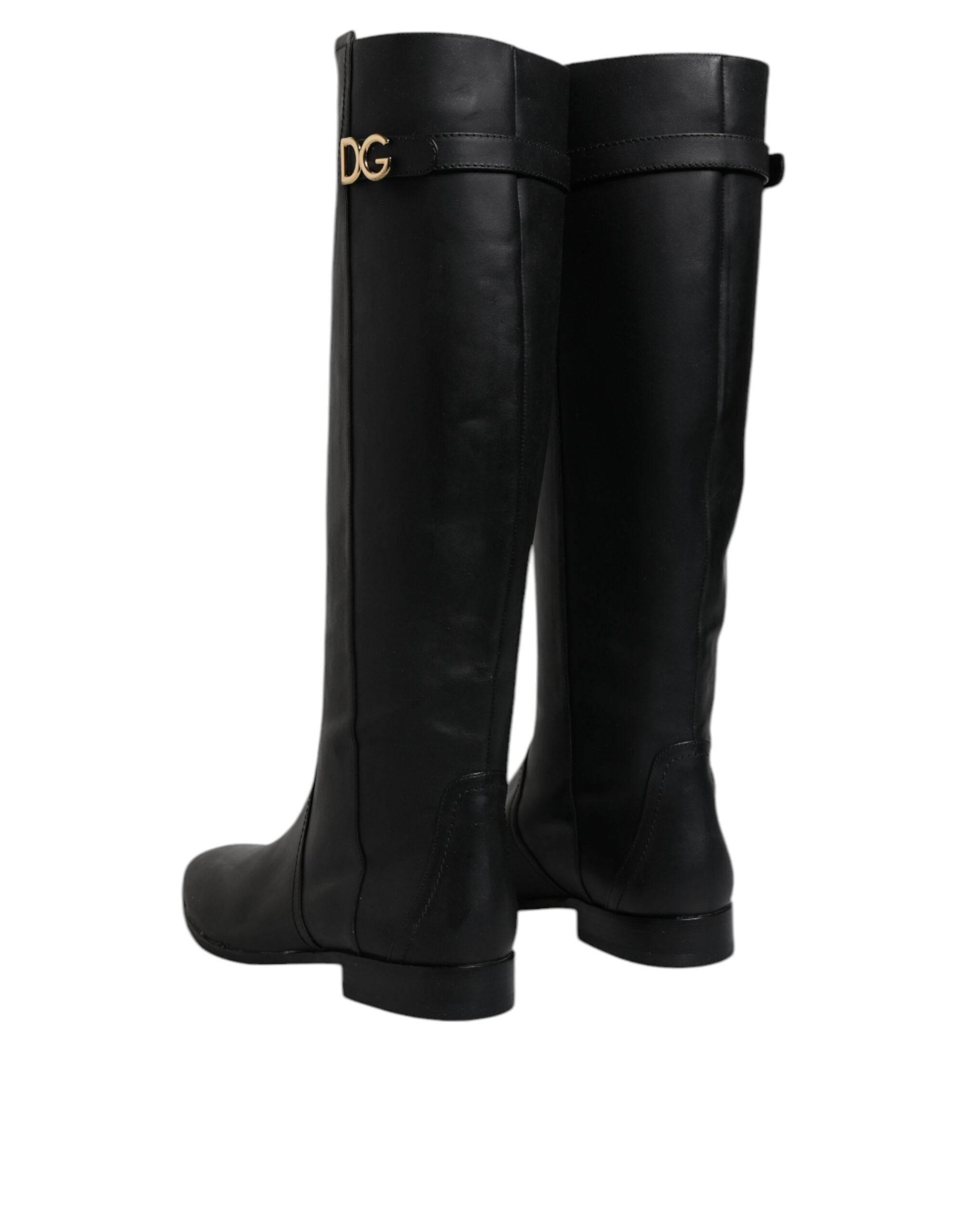 Dolce & Gabbana Black DG Logo Calf Leather High Boots Shoes - Hilstor