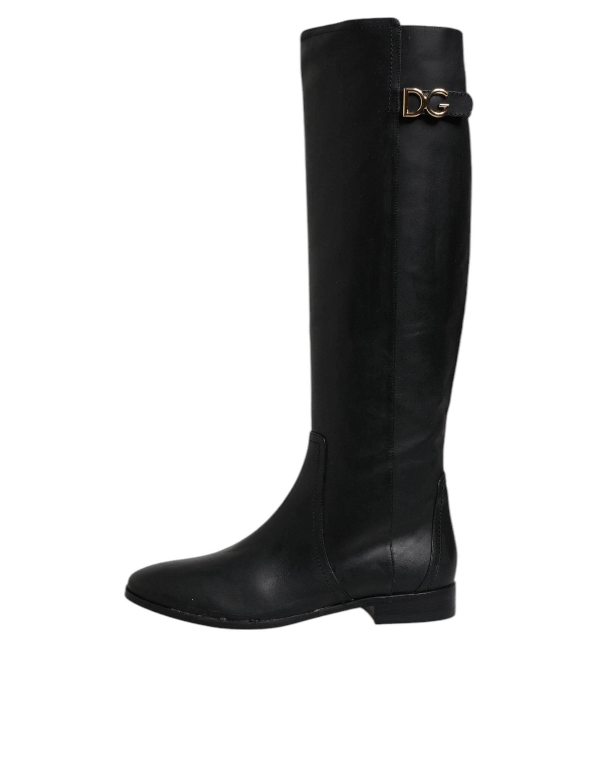 Dolce & Gabbana Black DG Logo Calf Leather High Boots Shoes - Hilstor
