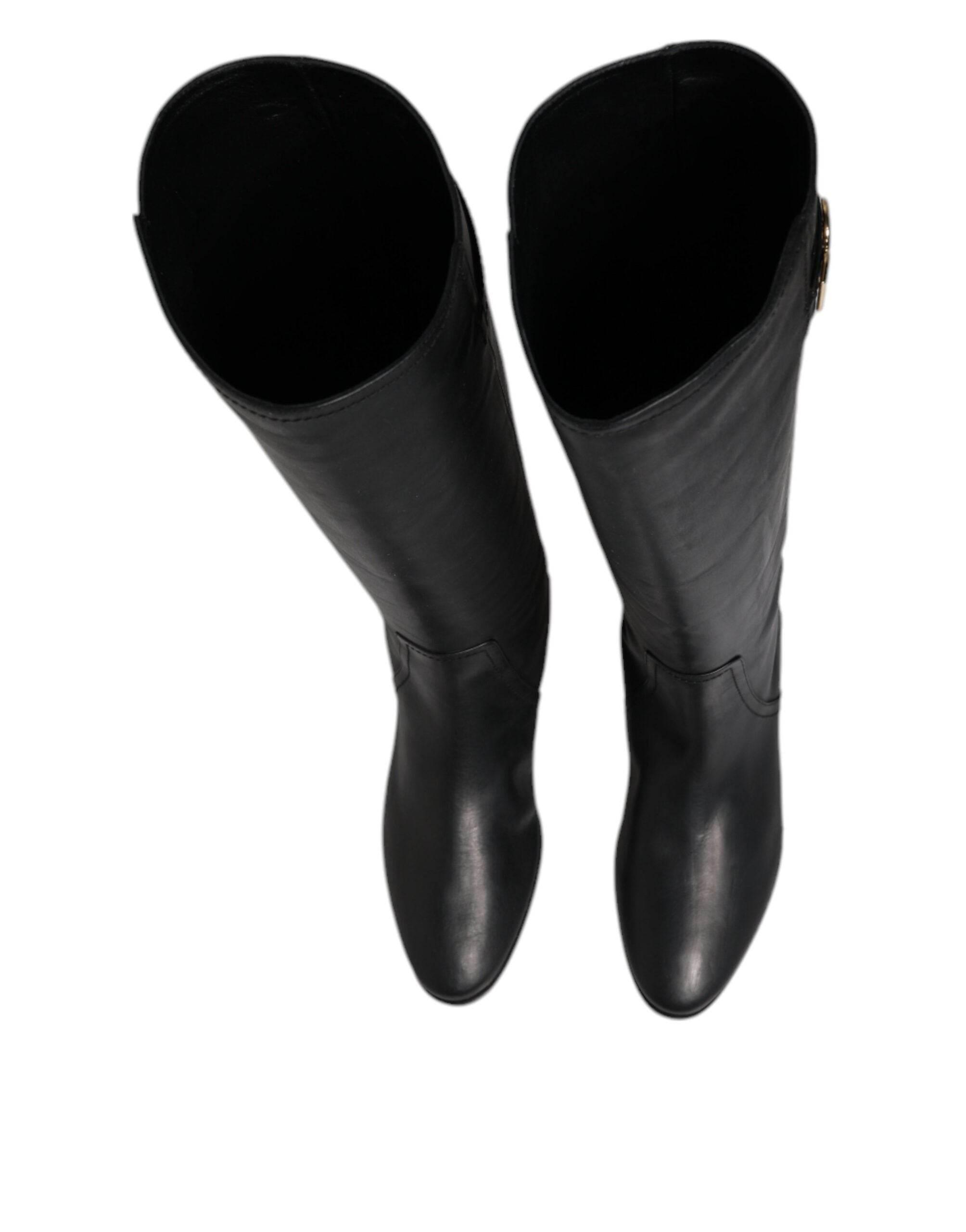 Dolce & Gabbana Black DG Logo Calf Leather High Boots Shoes - Hilstor