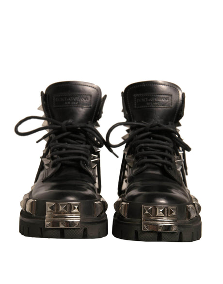 Dolce & Gabbana Black Leather Studded Trekking Boots Shoes - Hilstor