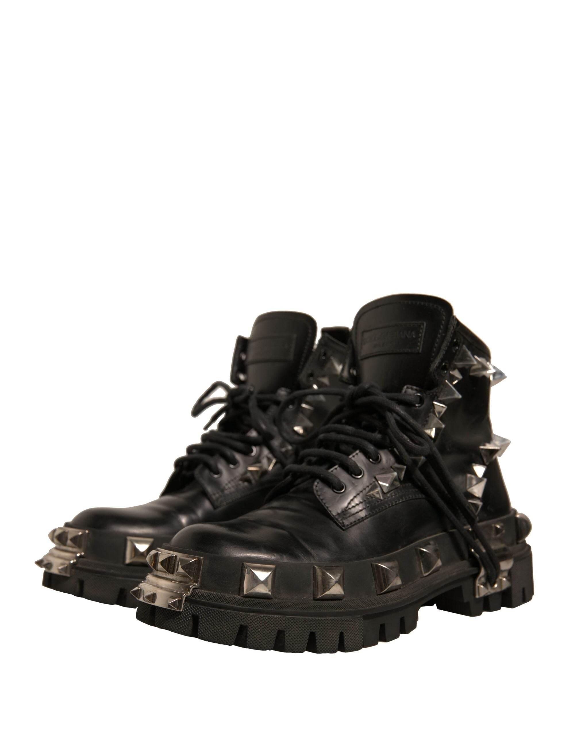 Dolce & Gabbana Black Leather Studded Trekking Boots Shoes - Hilstor