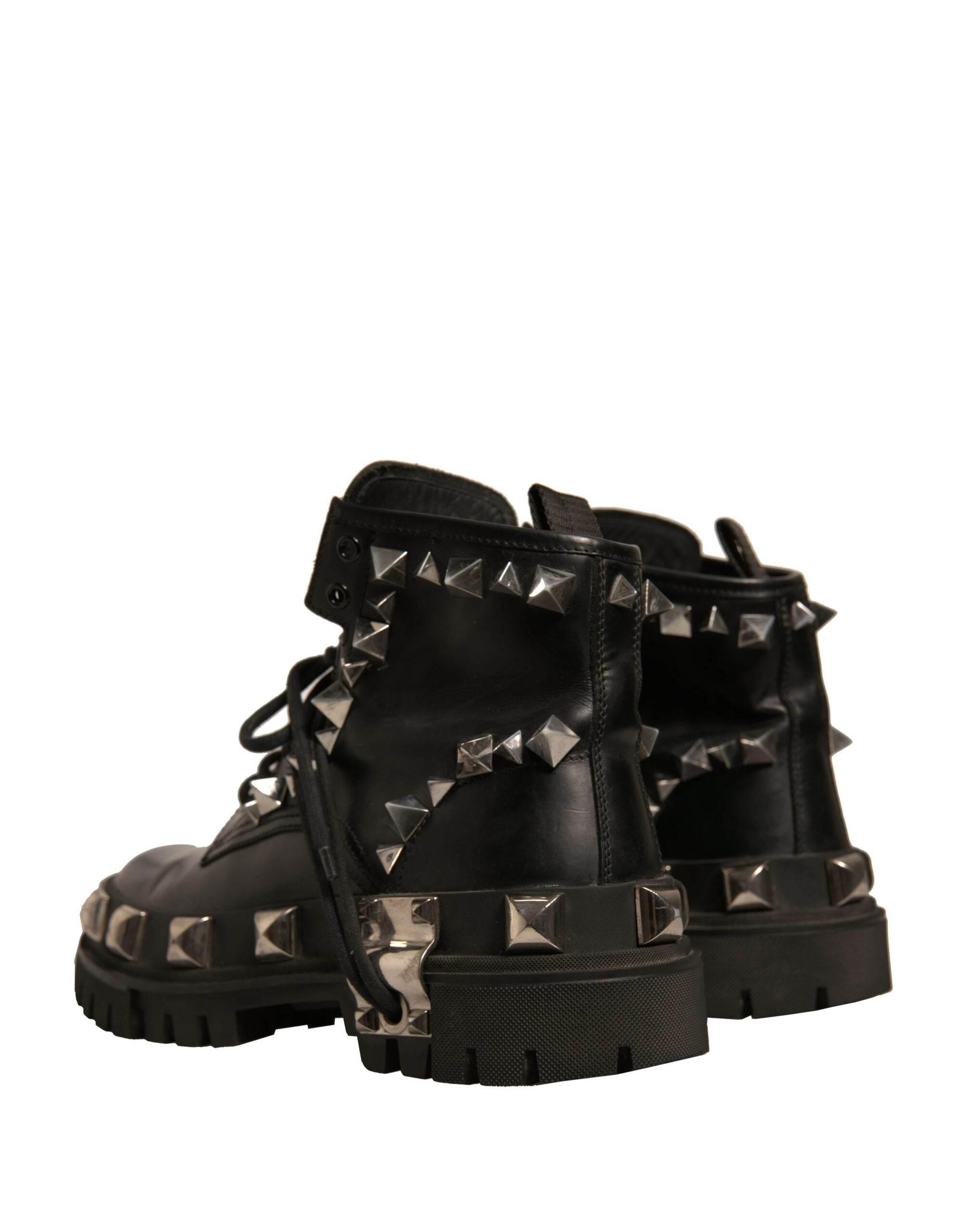 Dolce & Gabbana Black Leather Studded Trekking Boots Shoes - Hilstor