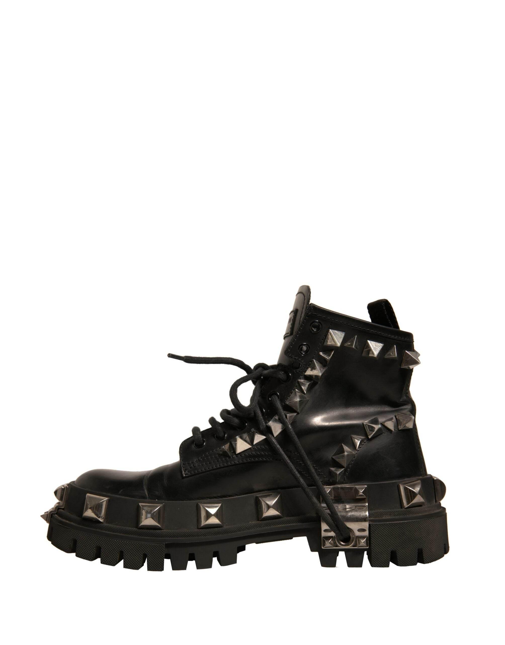 Dolce & Gabbana Black Leather Studded Trekking Boots Shoes - Hilstor