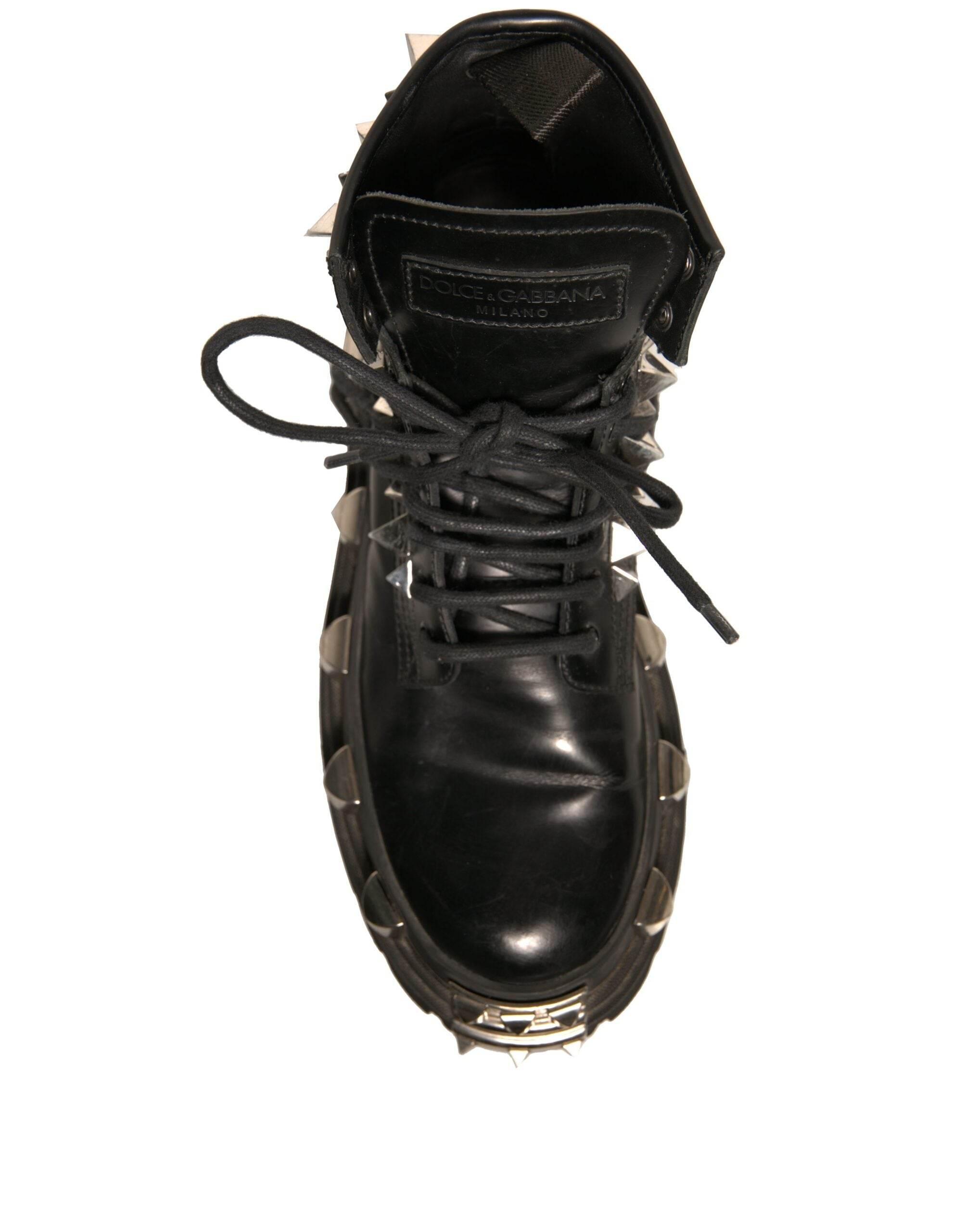 Dolce & Gabbana Black Leather Studded Trekking Boots Shoes - Hilstor