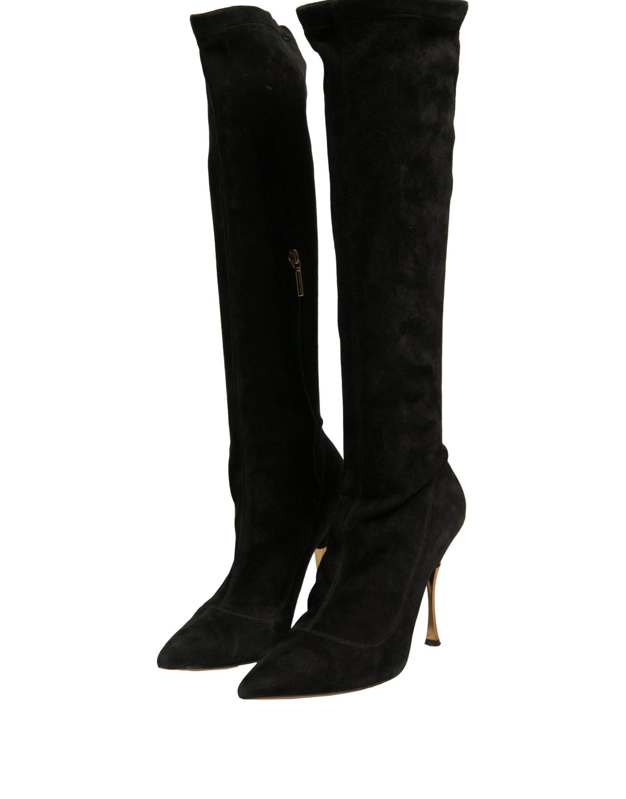 Dolce & Gabbana Black Suede Stiletto Knee High Boots Shoes - Hilstor