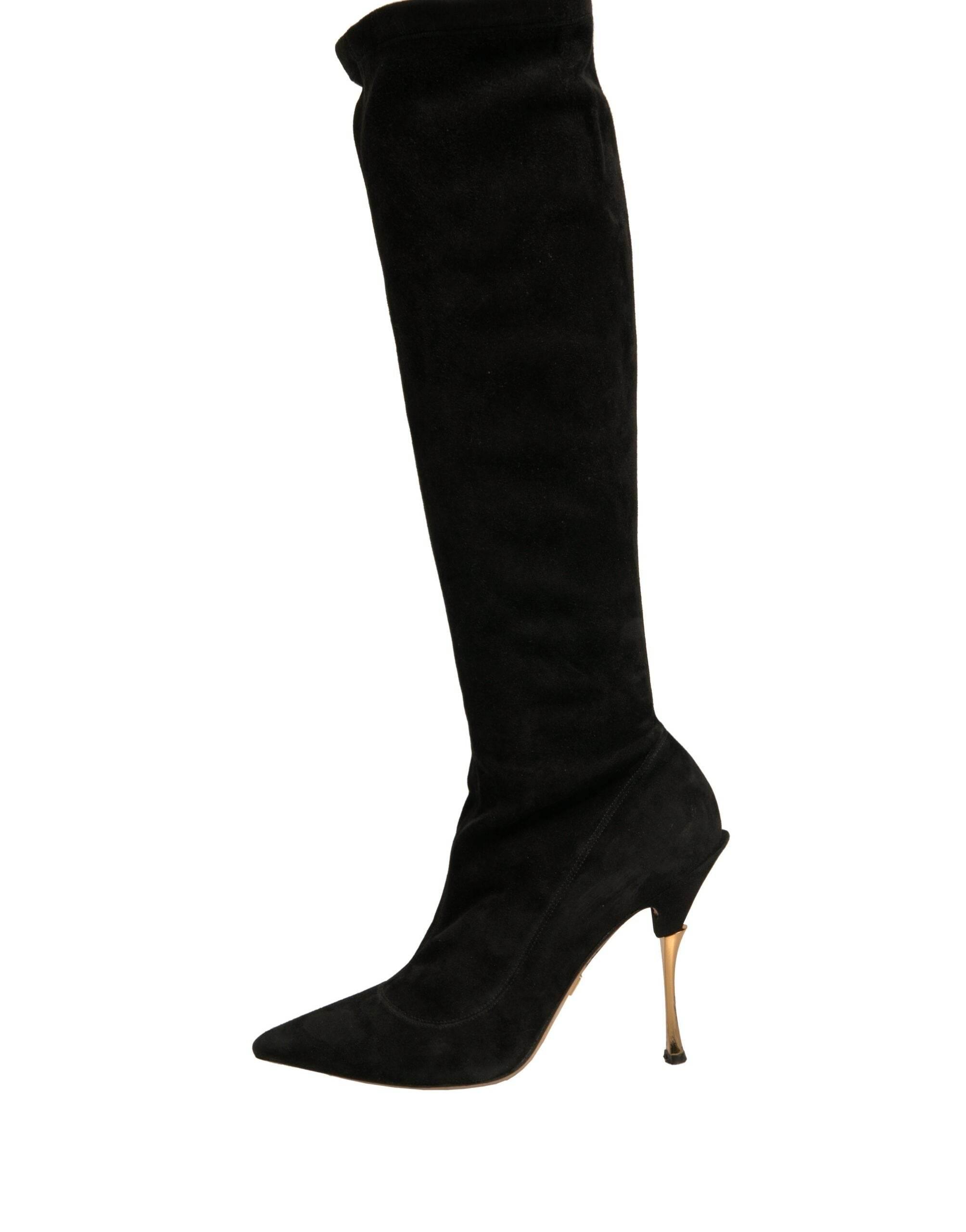 Dolce & Gabbana Black Suede Stiletto Knee High Boots Shoes - Hilstor