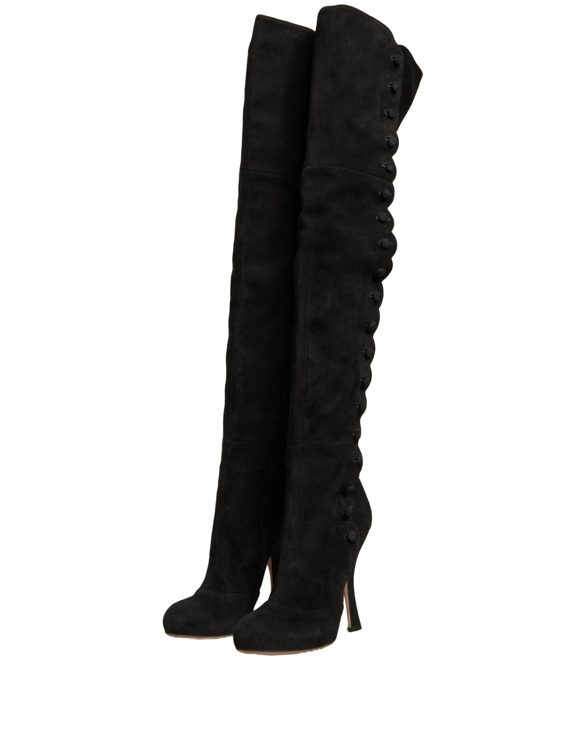 Dolce & Gabbana Black Suede Heels Knee High Boots Shoes - Hilstor