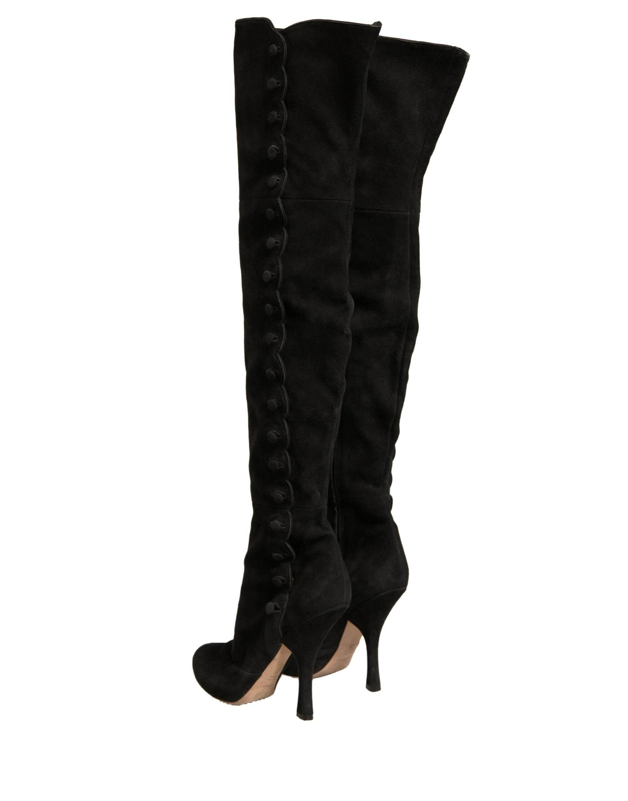 Dolce & Gabbana Black Suede Heels Knee High Boots Shoes - Hilstor