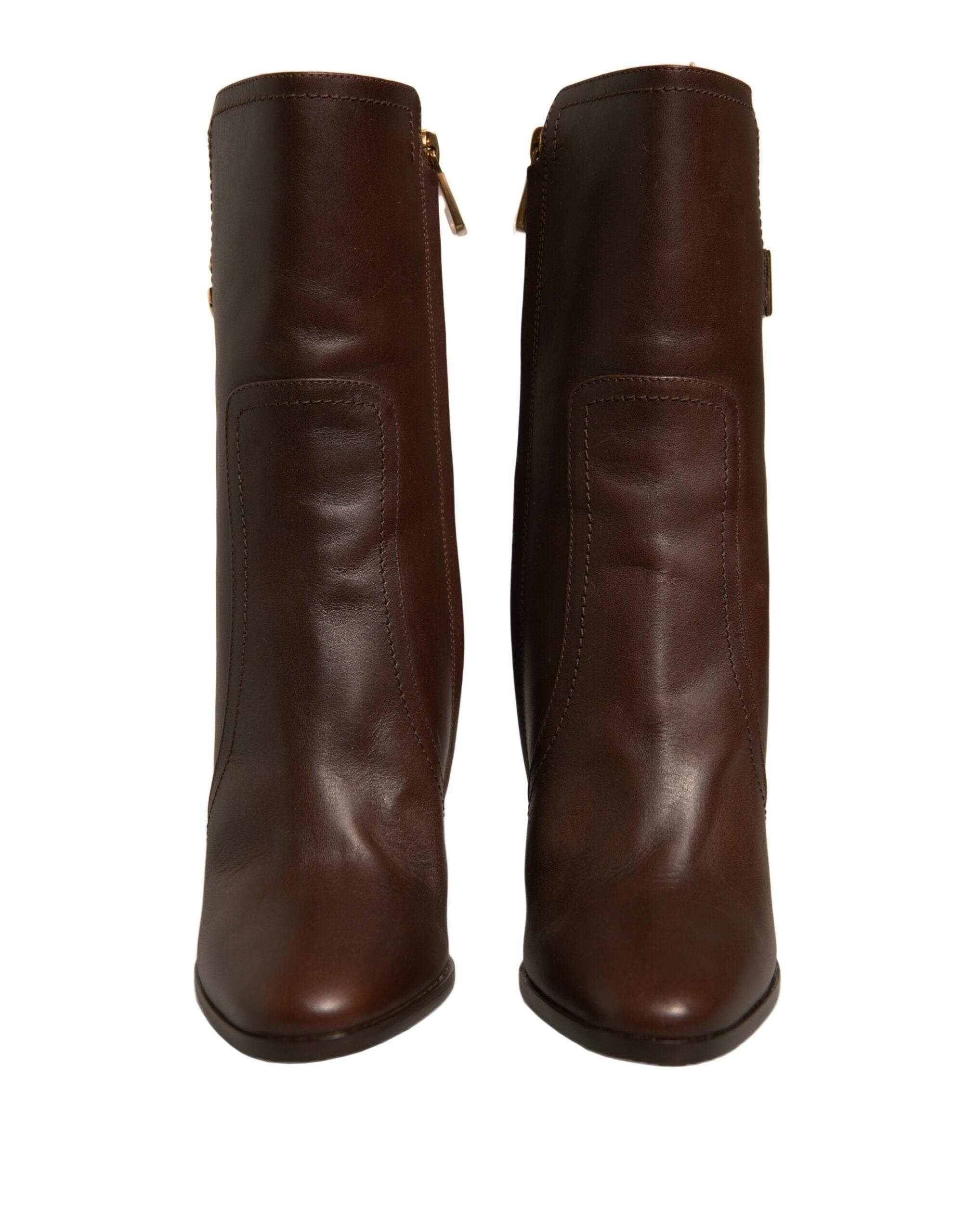 Dolce & Gabbana Brown Leather Heels Mid Calf Boots Shoes - Hilstor