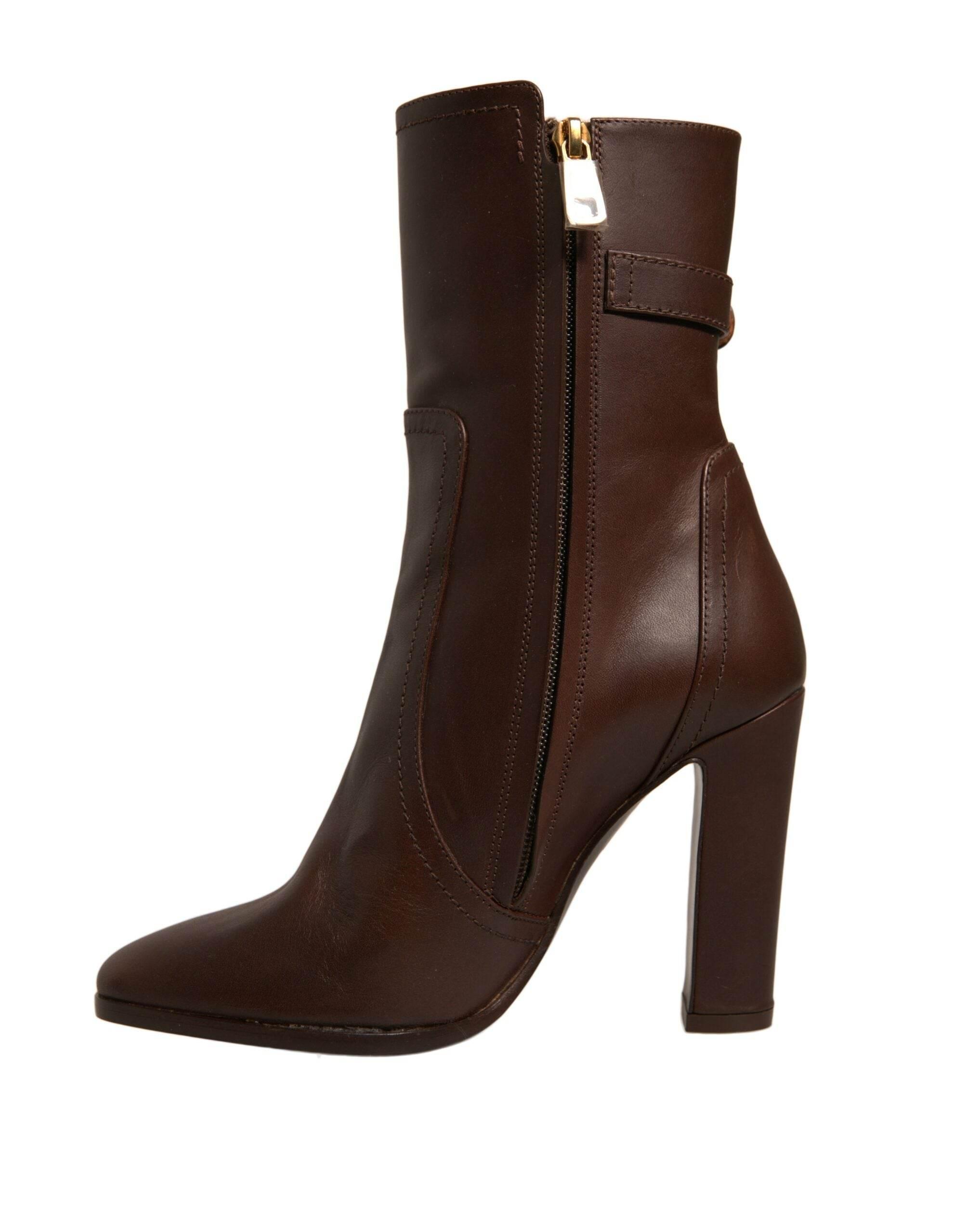 Dolce & Gabbana Brown Leather Heels Mid Calf Boots Shoes - Hilstor