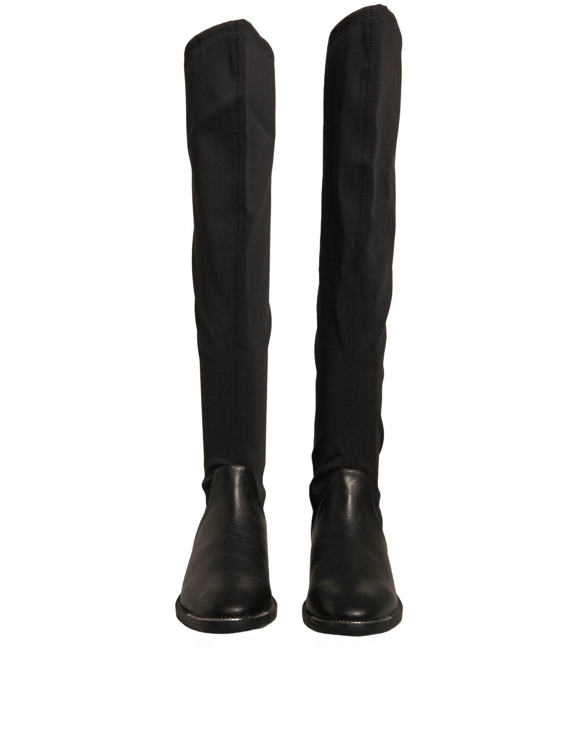 MY TWIN Black Leather Suede Flats High Boots Shoes - Hilstor