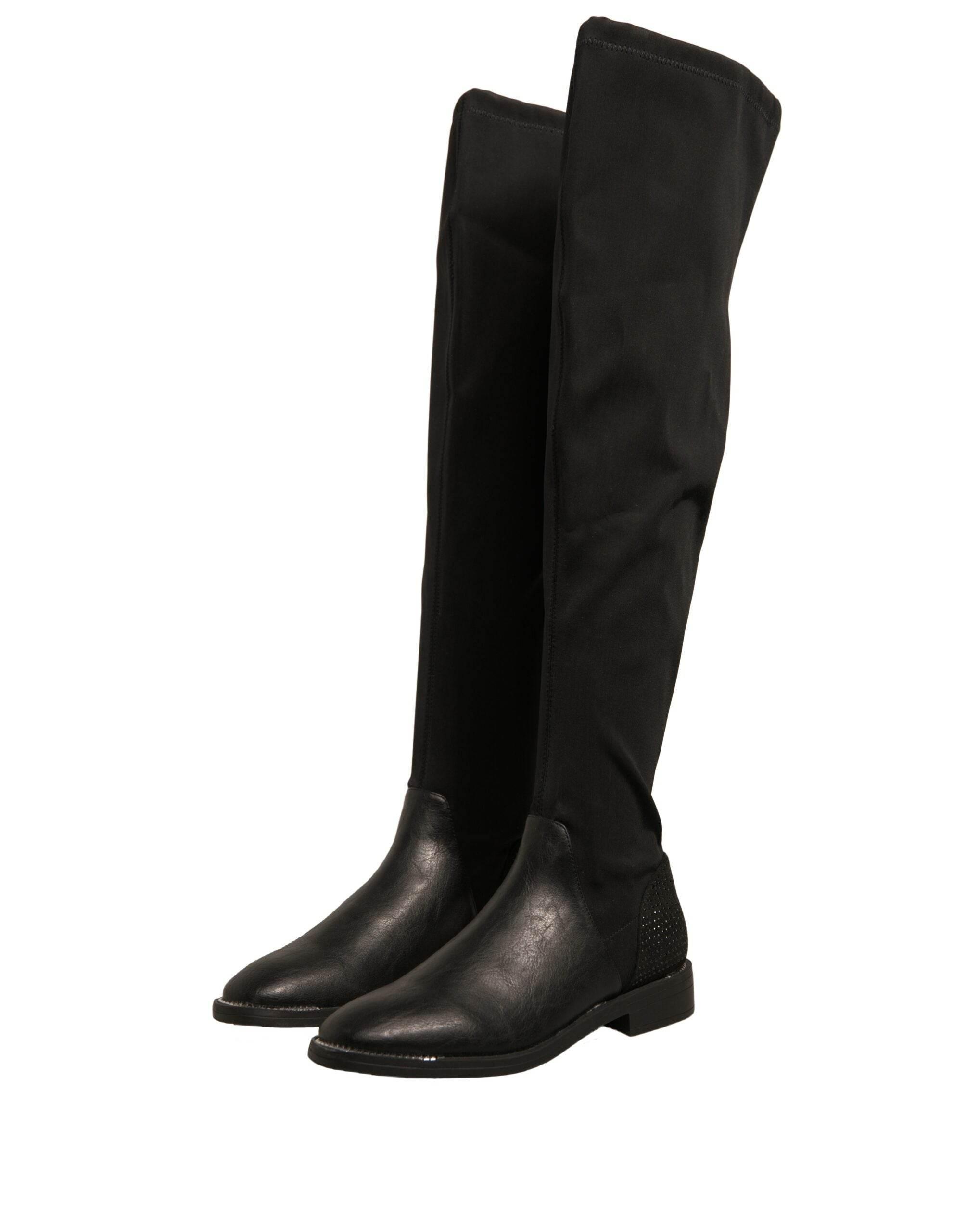 MY TWIN Black Leather Suede Flats High Boots Shoes - Hilstor