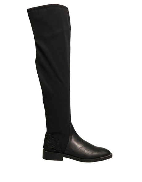 MY TWIN Black Leather Suede Flats High Boots Shoes - Hilstor