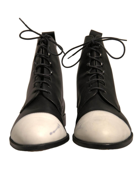Sergio Rossi Black White Leather Lace Up Flats Ankle Boots Shoes - Hilstor