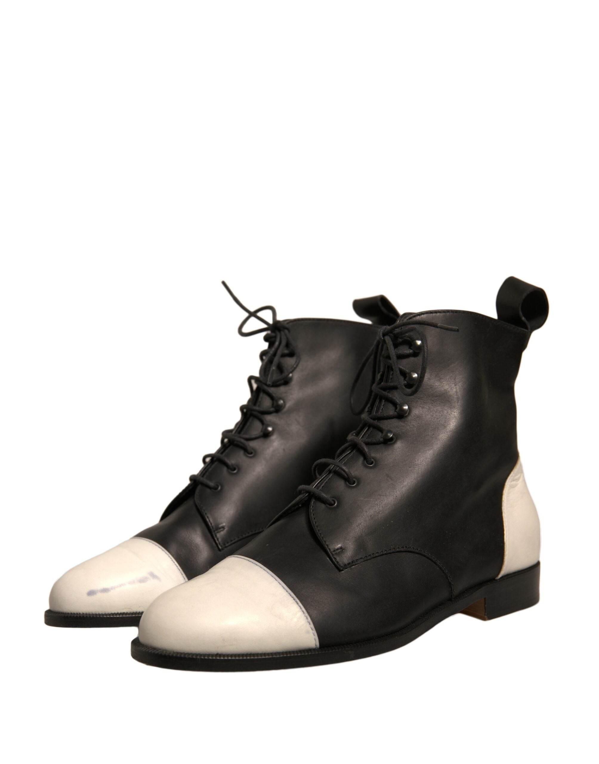 Sergio Rossi Black White Leather Lace Up Flats Ankle Boots Shoes - Hilstor