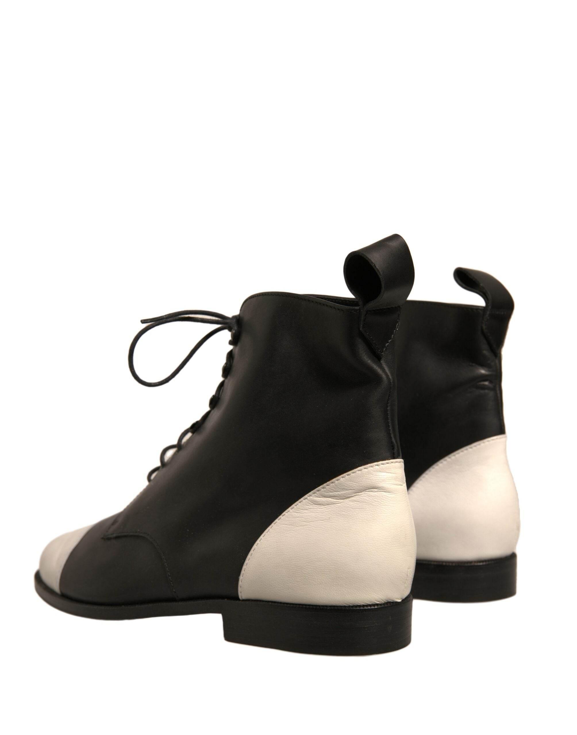 Sergio Rossi Black White Leather Lace Up Flats Ankle Boots Shoes - Hilstor