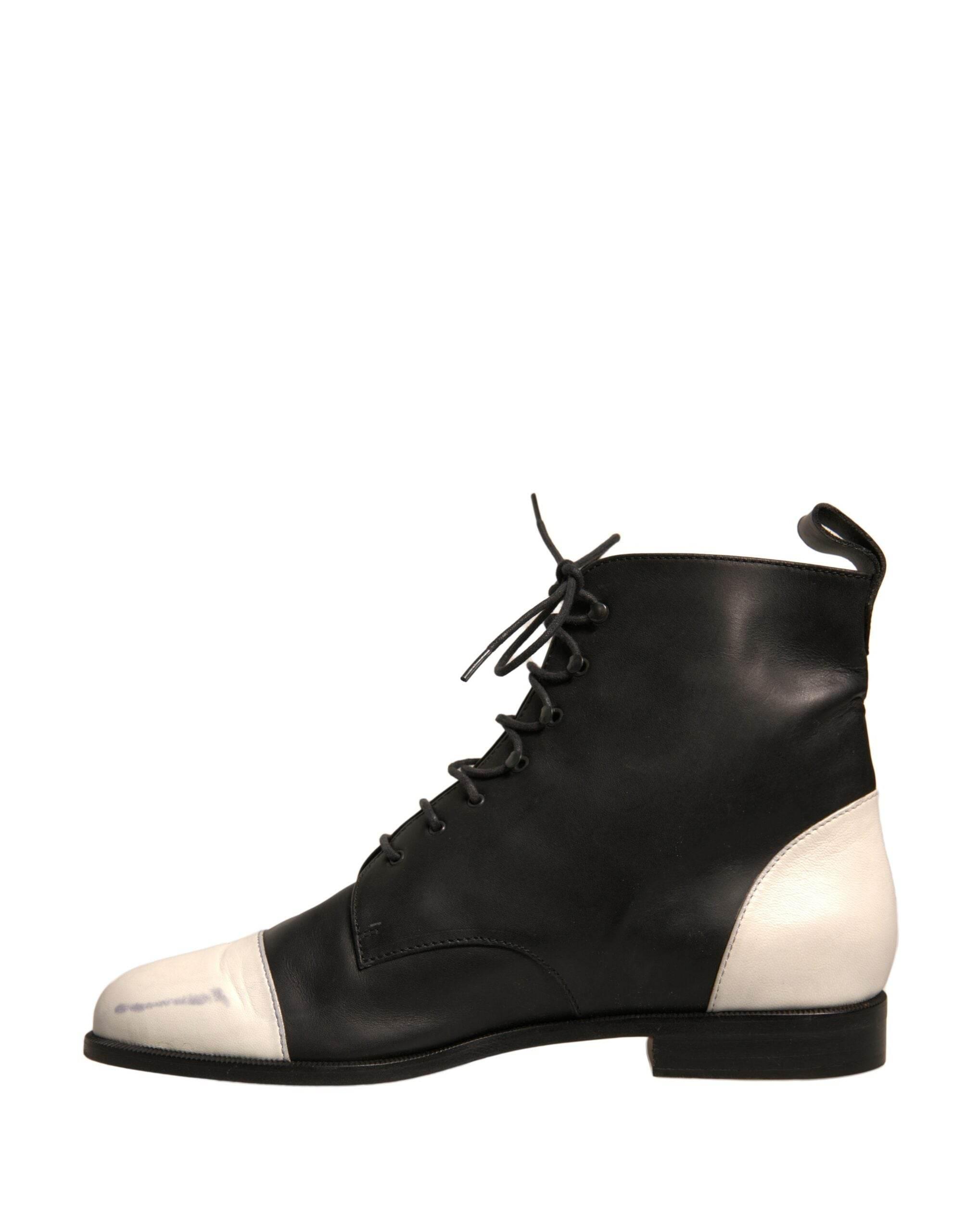 Sergio Rossi Black White Leather Lace Up Flats Ankle Boots Shoes - Hilstor