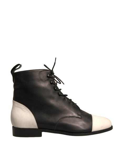 Sergio Rossi Black White Leather Lace Up Flats Ankle Boots Shoes - Hilstor