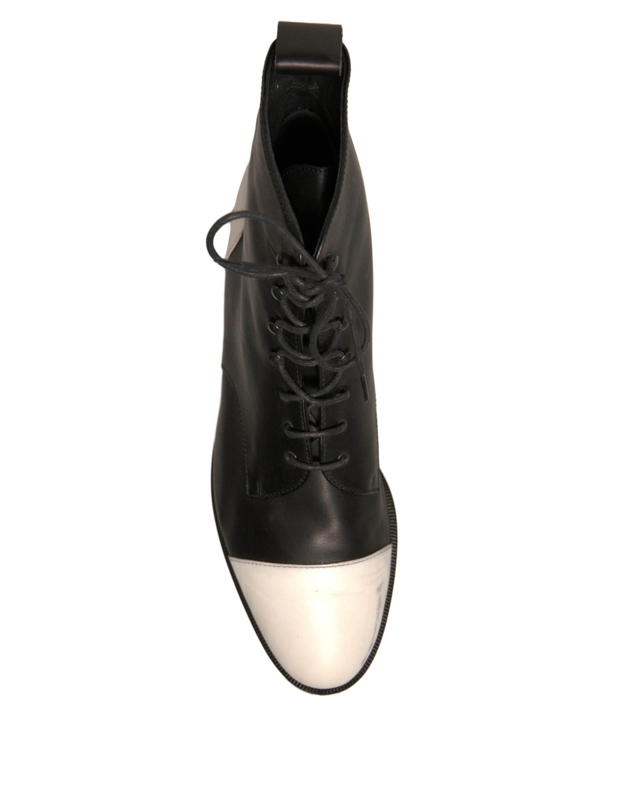 Sergio Rossi Black White Leather Lace Up Flats Ankle Boots Shoes - Hilstor