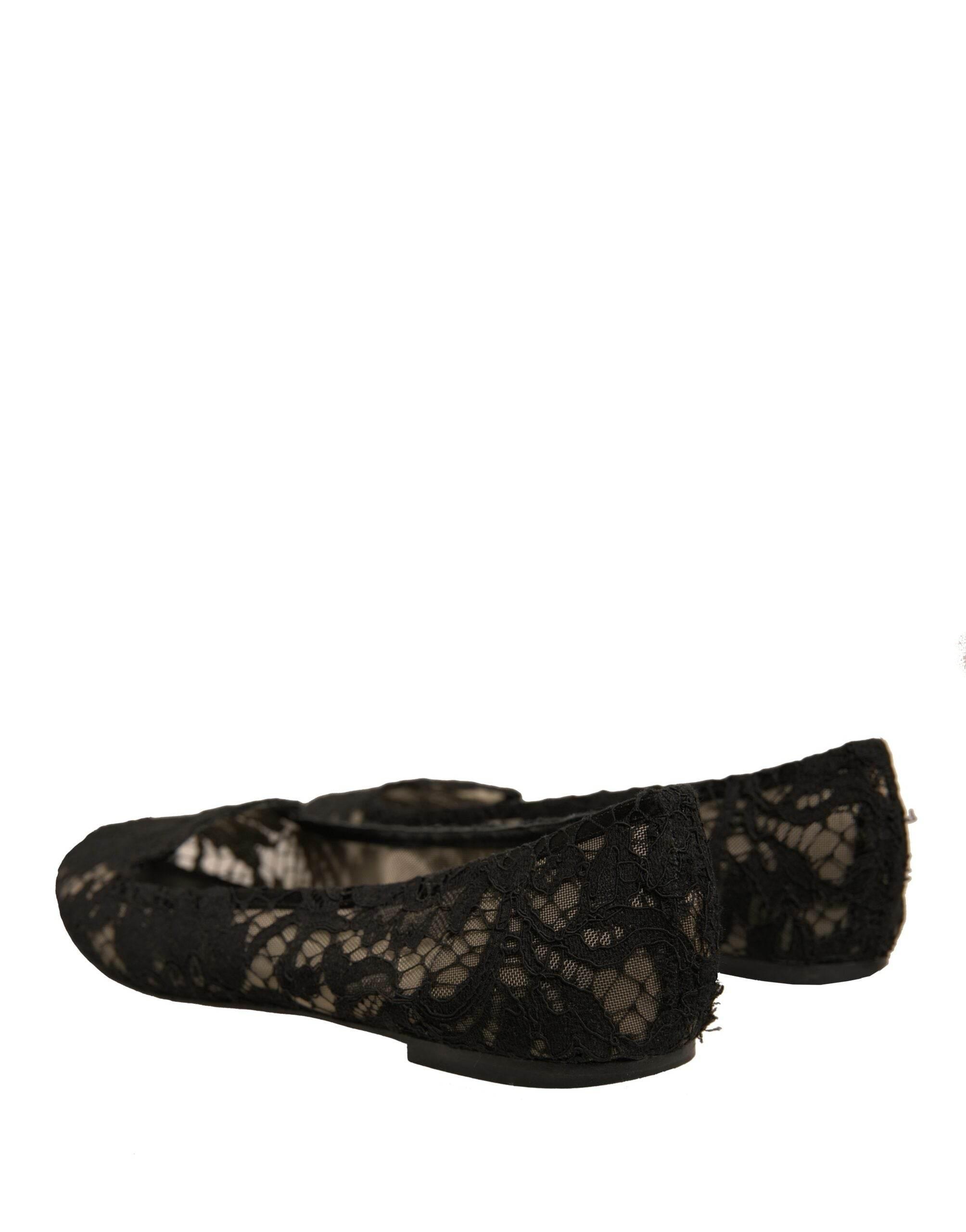 Dolce & Gabbana Black Taormina Lace Slip On Flats Shoes - Hilstor