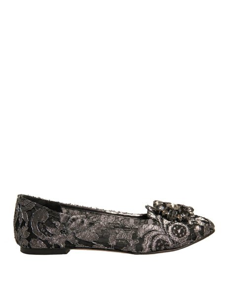 Dolce & Gabbana Silver Crystal Loafer Lace Ballet Flats Shoes - Hilstor