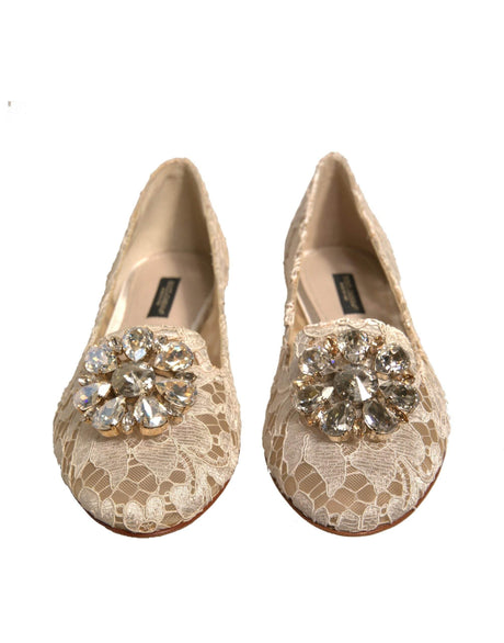 Dolce & Gabbana Beige Crystal Loafer Lace Ballet Flats Shoes - Hilstor