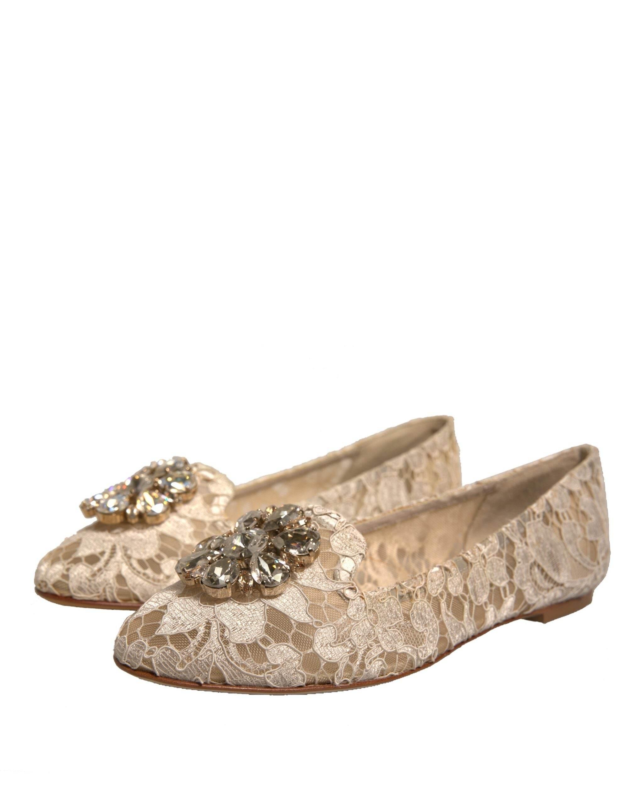 Dolce & Gabbana Beige Crystal Loafer Lace Ballet Flats Shoes - Hilstor