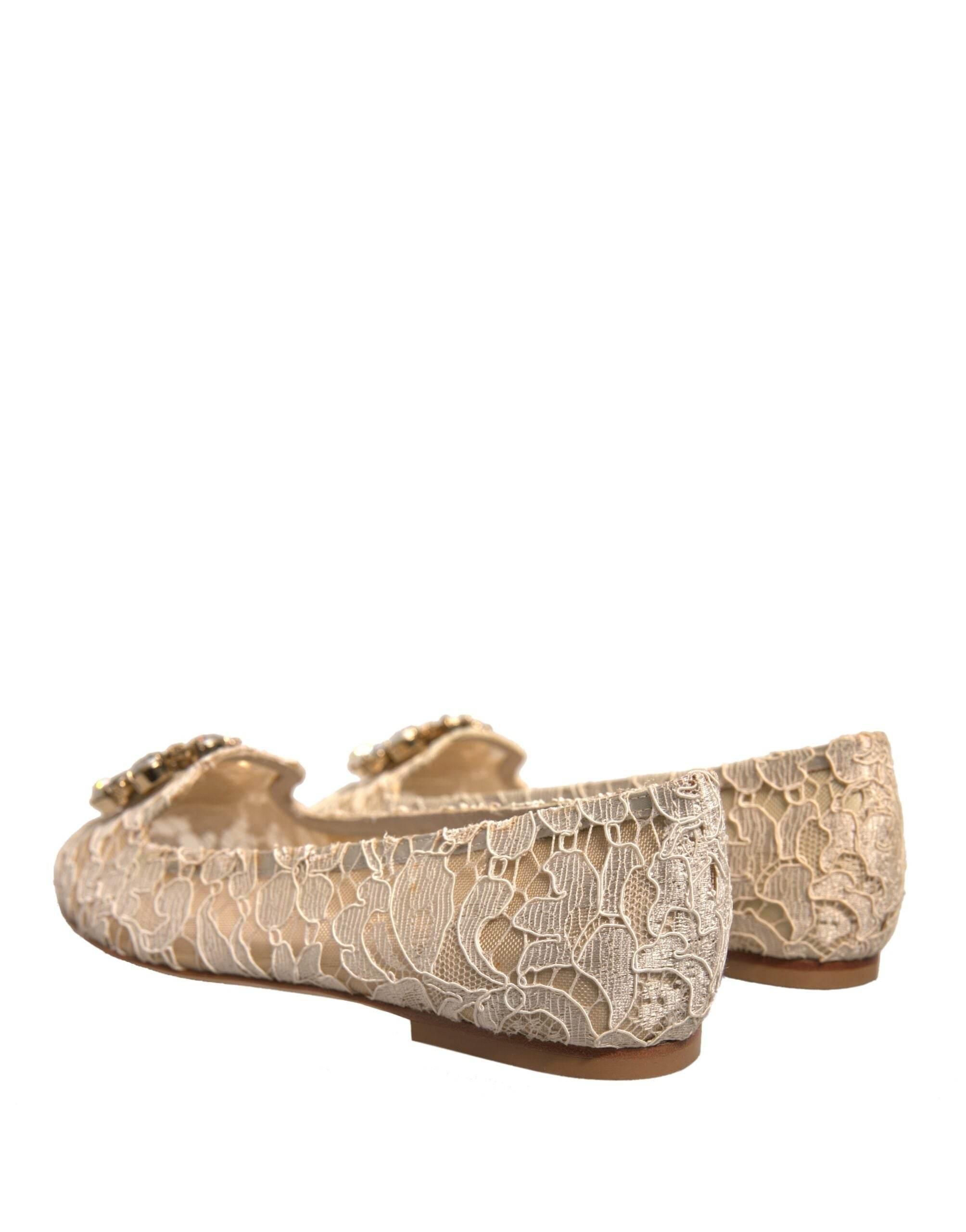Dolce & Gabbana Beige Crystal Loafer Lace Ballet Flats Shoes - Hilstor