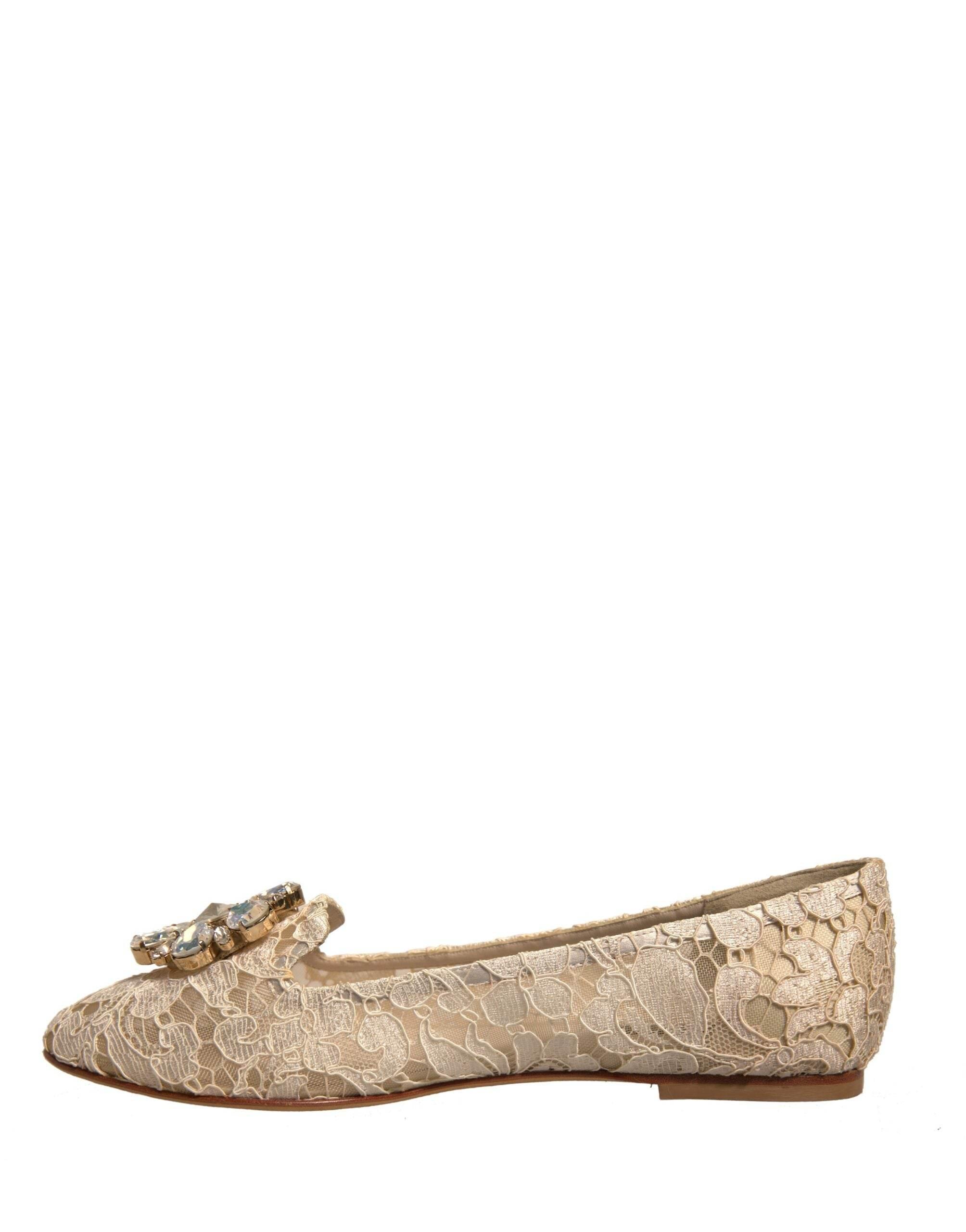 Dolce & Gabbana Beige Crystal Loafer Lace Ballet Flats Shoes - Hilstor