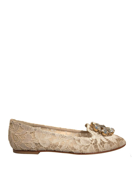 Dolce & Gabbana Beige Crystal Loafer Lace Ballet Flats Shoes - Hilstor