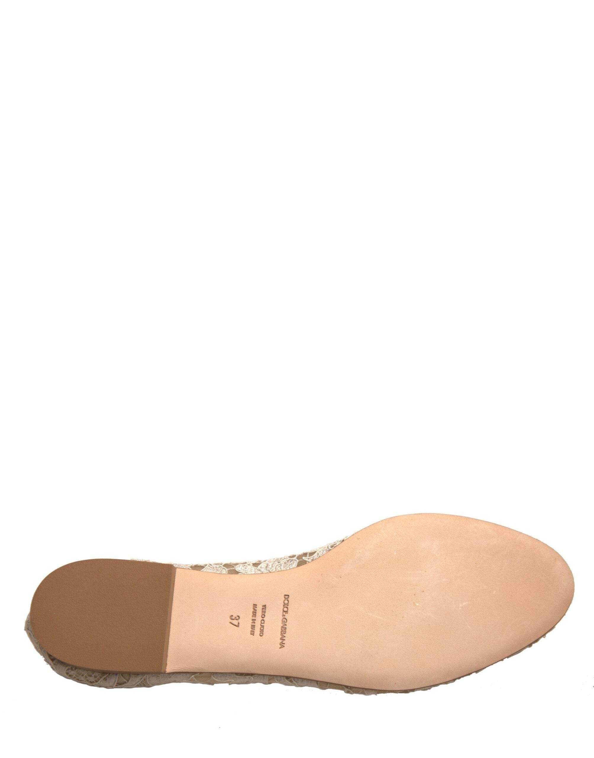 Dolce & Gabbana Beige Crystal Loafer Lace Ballet Flats Shoes - Hilstor