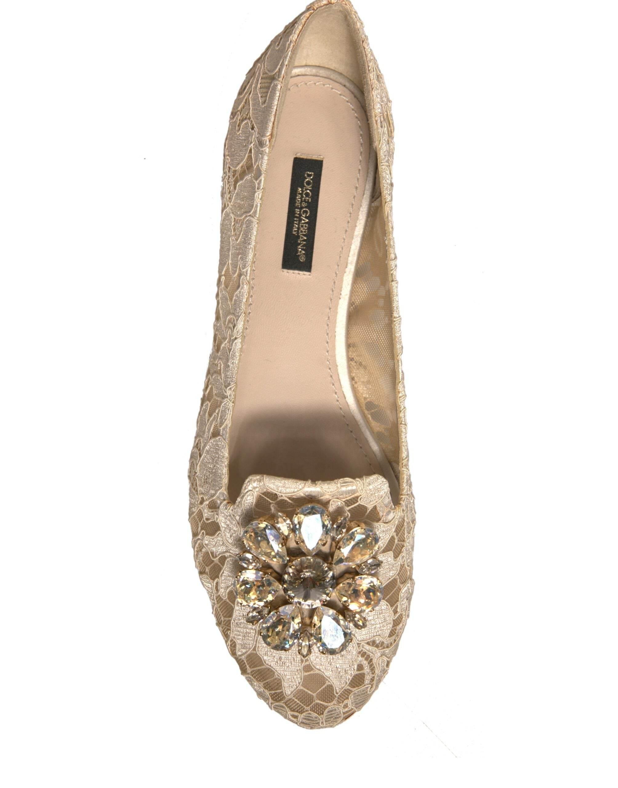 Dolce & Gabbana Beige Crystal Loafer Lace Ballet Flats Shoes - Hilstor