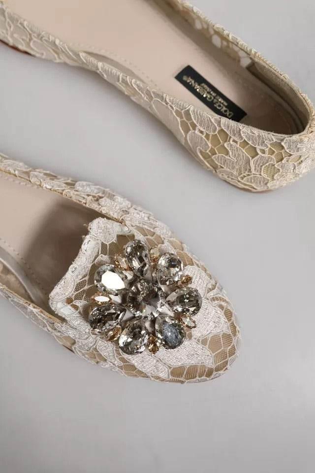 Dolce & Gabbana Beige Crystal Loafer Lace Ballet Flats Shoes - Hilstor