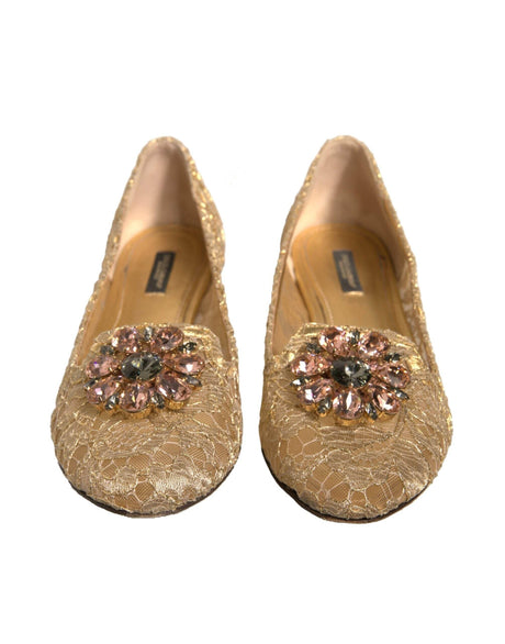 Dolce & Gabbana Gold Crystal Loafer Lace Ballet Flats Shoes - Hilstor